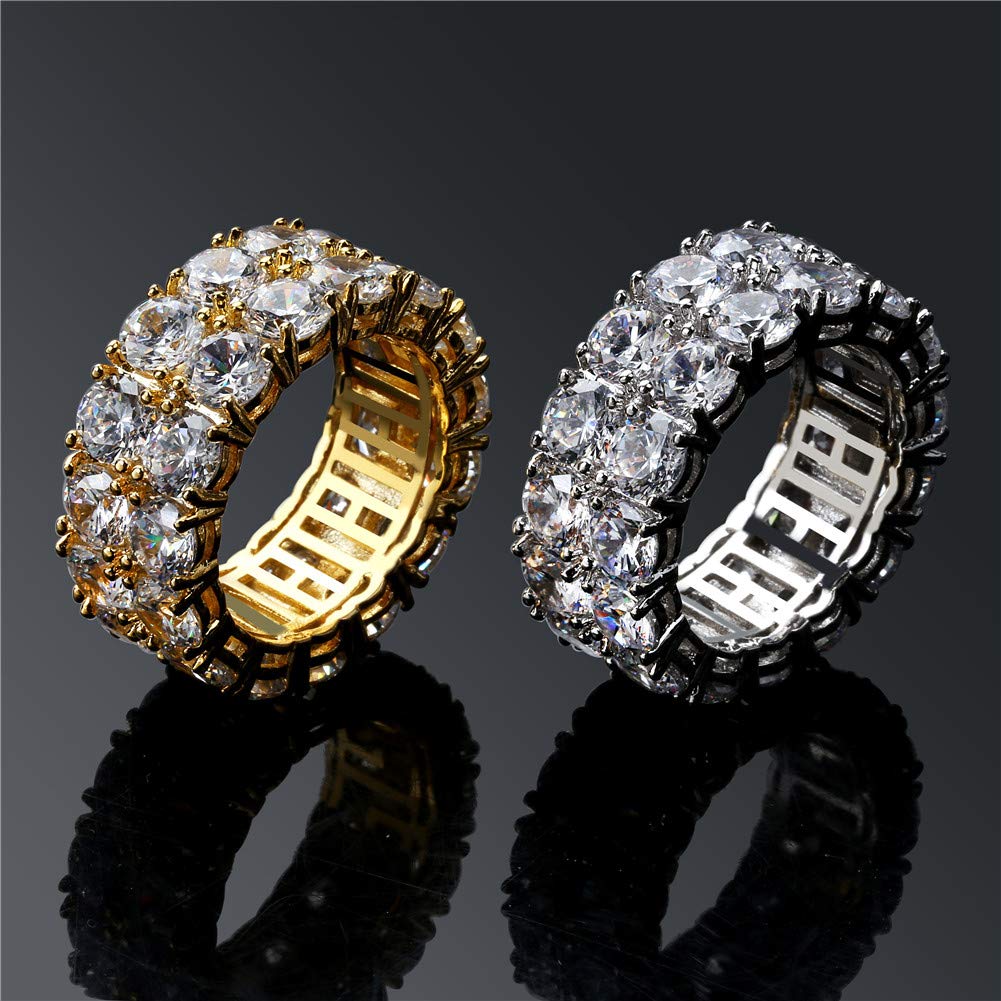 TOPGRILLZ Engagement Ring Men Gold Ring Cubic Zirconia Silver Ring Diamond Rings for Women 9mm Iced out 14K Gold Plated 2 Rows Round Cut Eternity Chunky Ring（Gold,7.5