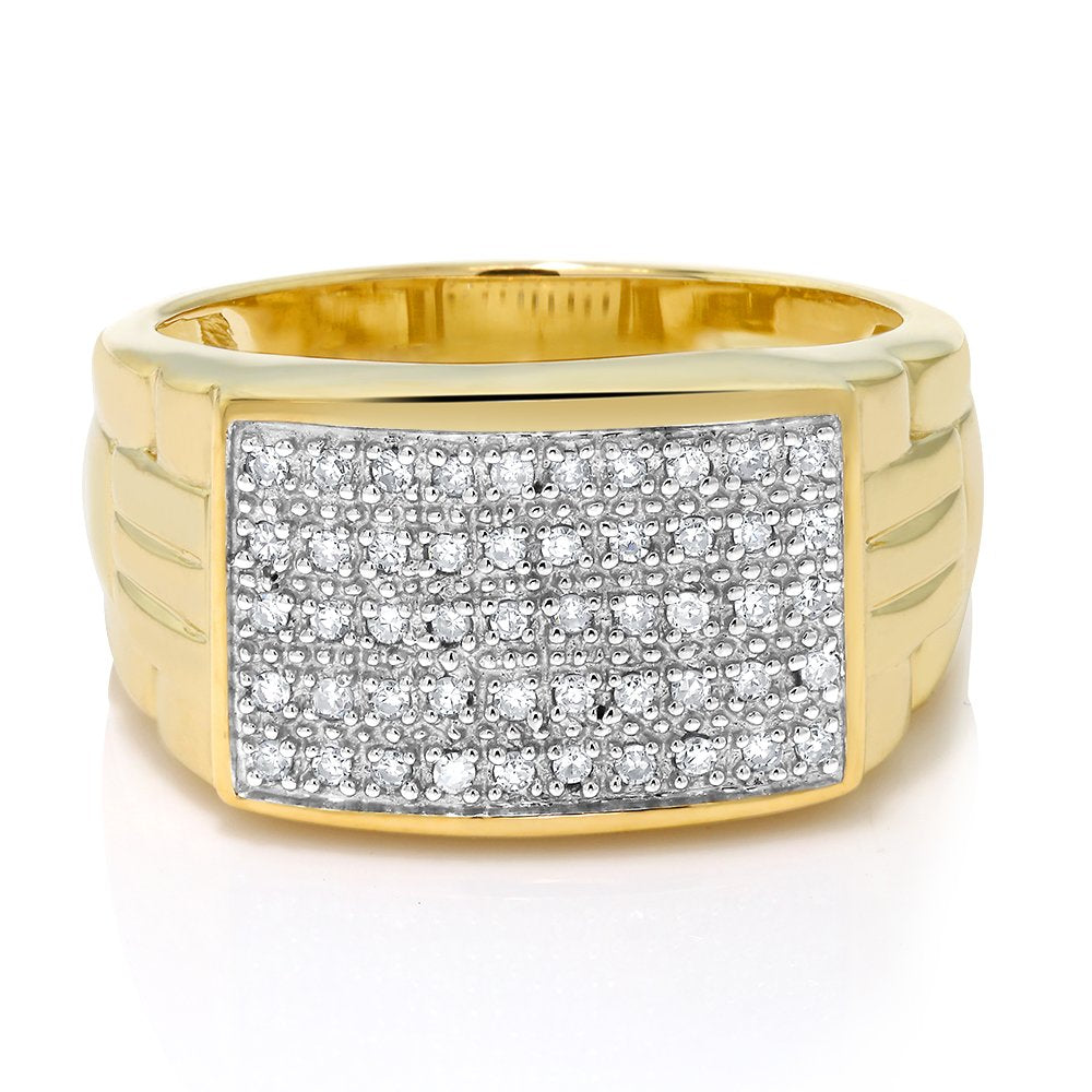 Gem Stone King White Diamond Ring For Men In 10K Yellow Gold | Gold Men's Pave Ring | 0.25 Cttw | Available in Size 5,6,7,8,9,10,11,12,13