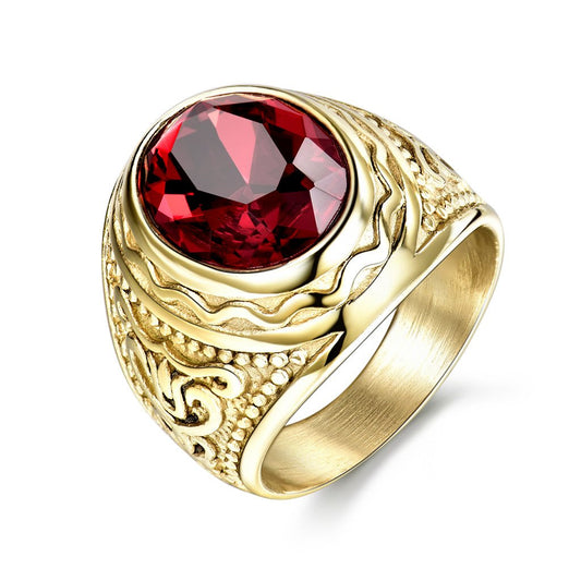 MASOP Retro Vintage Statement Male Rings Jewelry with Oval Red Ruby Color Stone