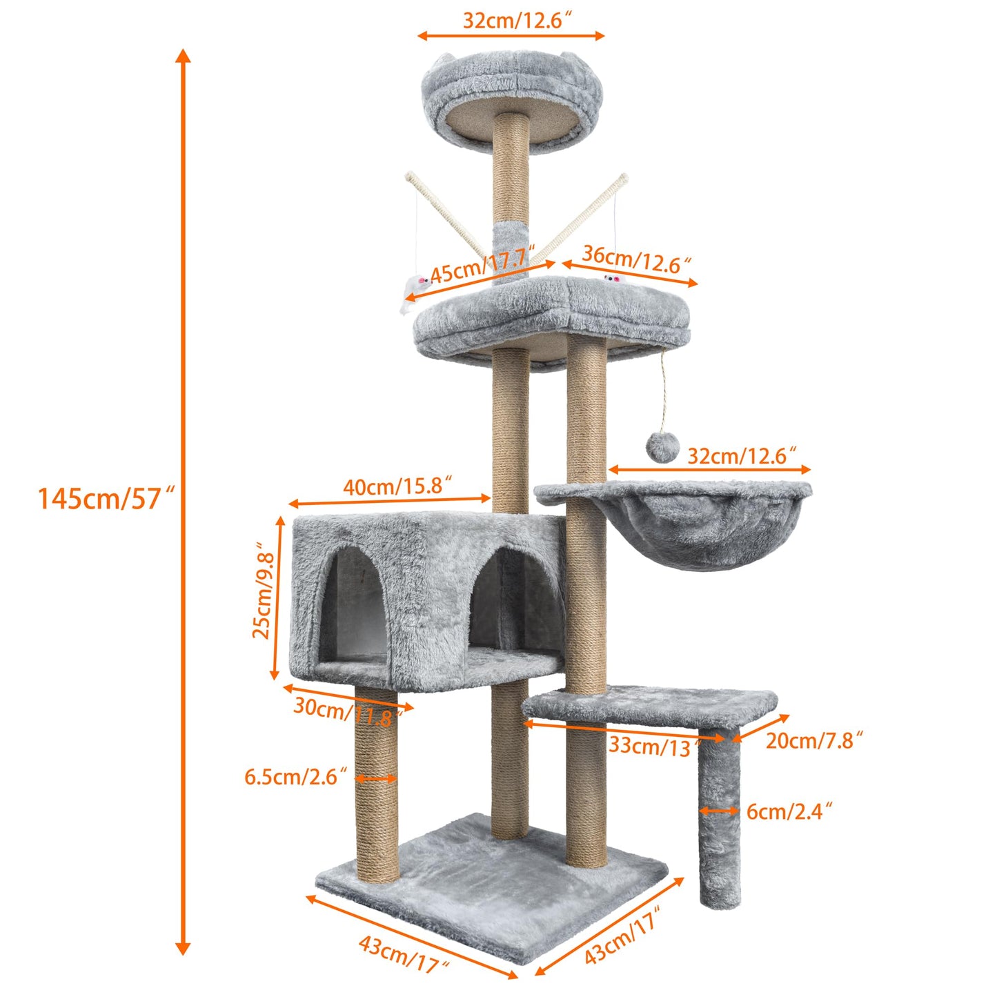 HOMIDEC Katzen Kratzbaum, 145 cm Katzenbaum Kletterturm, Kletterbaum Aktivitätskratzbäum mit Säulen vollständig mit Sisal umwickelt, Katzenspielzeug, Höhle, Plattformen, Liegemulde, Hellgrau