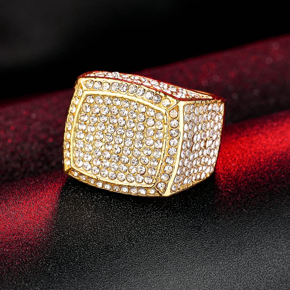 HH BLING EMPIRE Iced Out Silver Gold Rings for Men, Bling Hip Hop Diamond Men Rings, Big Square Men Rings Gold Size #9