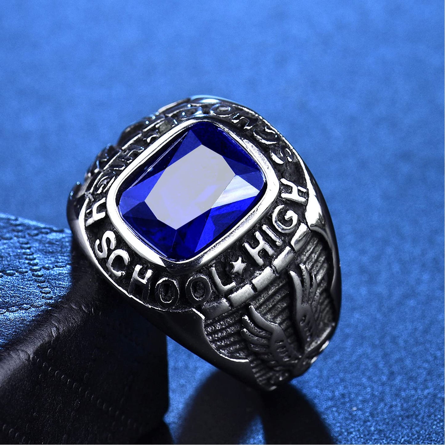 MASOP Stainless Steel High School Rings for Men Sappire Color Royal Blue Crystal Jewelry Rings Size 8