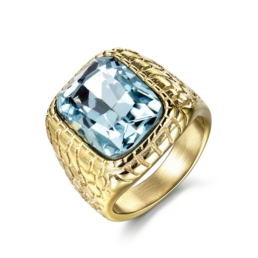 MASOP Exquisite Antiallergic Stainless Steel Mens Ring with Aquamarine Color CZ Zirconia Jewelry Size 8