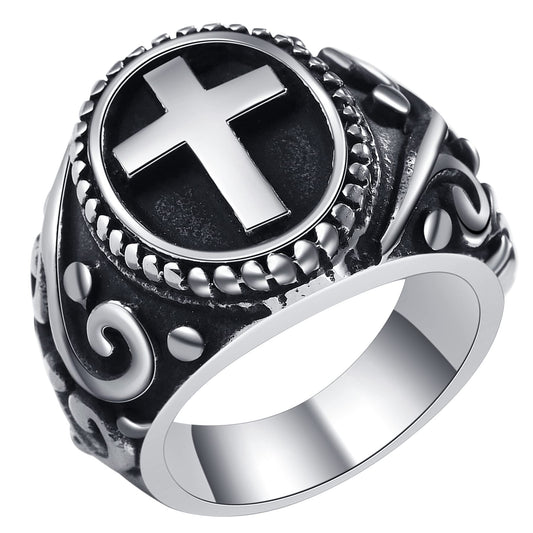 NMQLX Men's Ring, Vintage Cross Ring, Stainless Steel Punk Ring