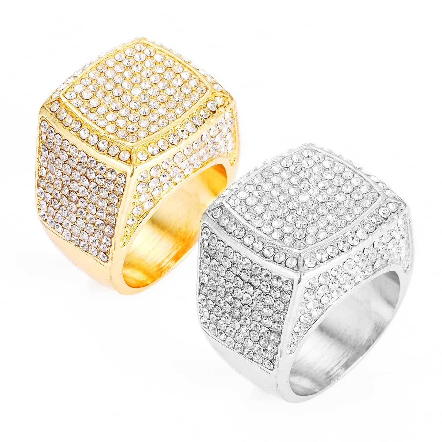 HH BLING EMPIRE Iced Out Silver Gold Rings for Men, Bling Hip Hop Diamond Men Rings, Big Square Men Rings Gold Size #9