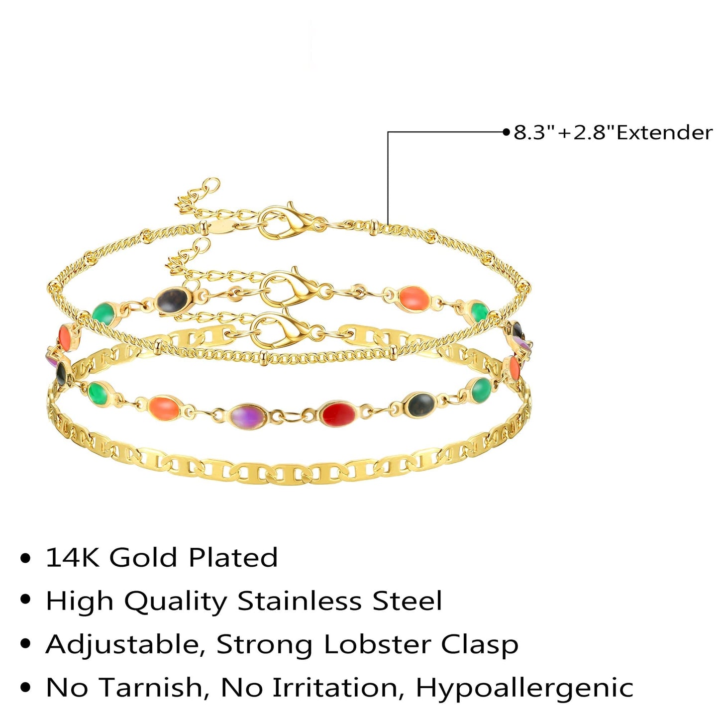 Milacolato Gold Fußkettchen Armbänder Für Frauen Damen 14 Karat Vergoldet Edelstahl FußkettchenTennis Perlen Kubanische Büroklammer Gliederkette Fußkettchen Set Verstellbar Boho Strand Fußschmuck 3St