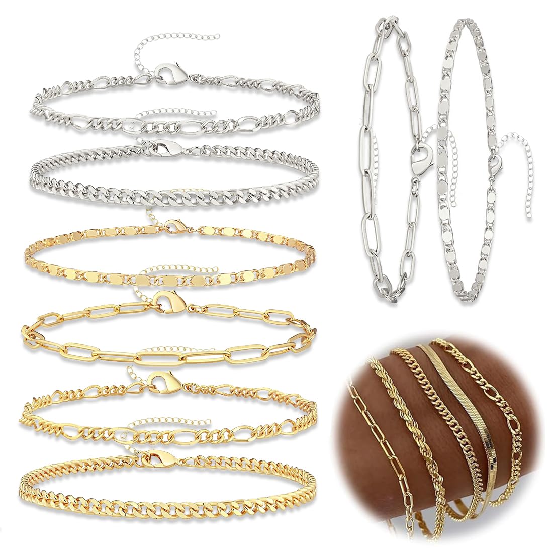 QOWUXHZ 10 Stück Armband Edelstahl Damen Armband Damen Gold Silber Verstellbares Armband Set Verstellbar 16+5 Cm Liebe Geschenk Für Frauen Mädchen