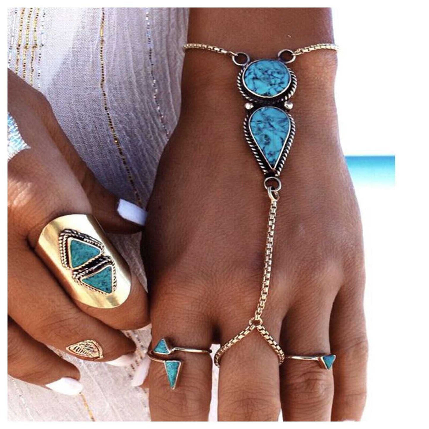 Allereya Vintage Türkis Finger Ring Armband Türkis Handgelenk Armband Silber Sklave Armband Boho Teardrop Blauen Stein Armband Tribal Hand Harness Kette Braut Hand Schmuck Für Frauen Und Mädchen