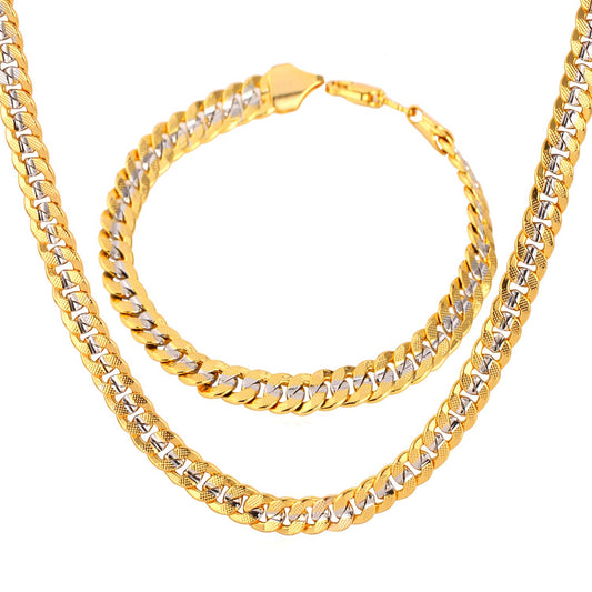 U7 Men Two-Tone Gold Chain Platinum & 18K Gold Plated Cuban Curb Chain Necklace Bracelet Set (18"/8.3")