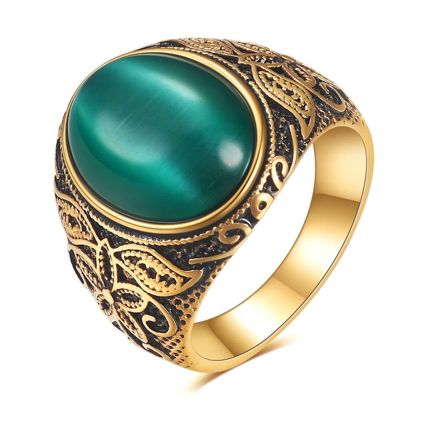 LXBQYSTO Retro Large Tiger Eye Stone Turquoise Wedding Ring For Men Classical Gothic Stainless Steel Rings (7, Gold-Green)