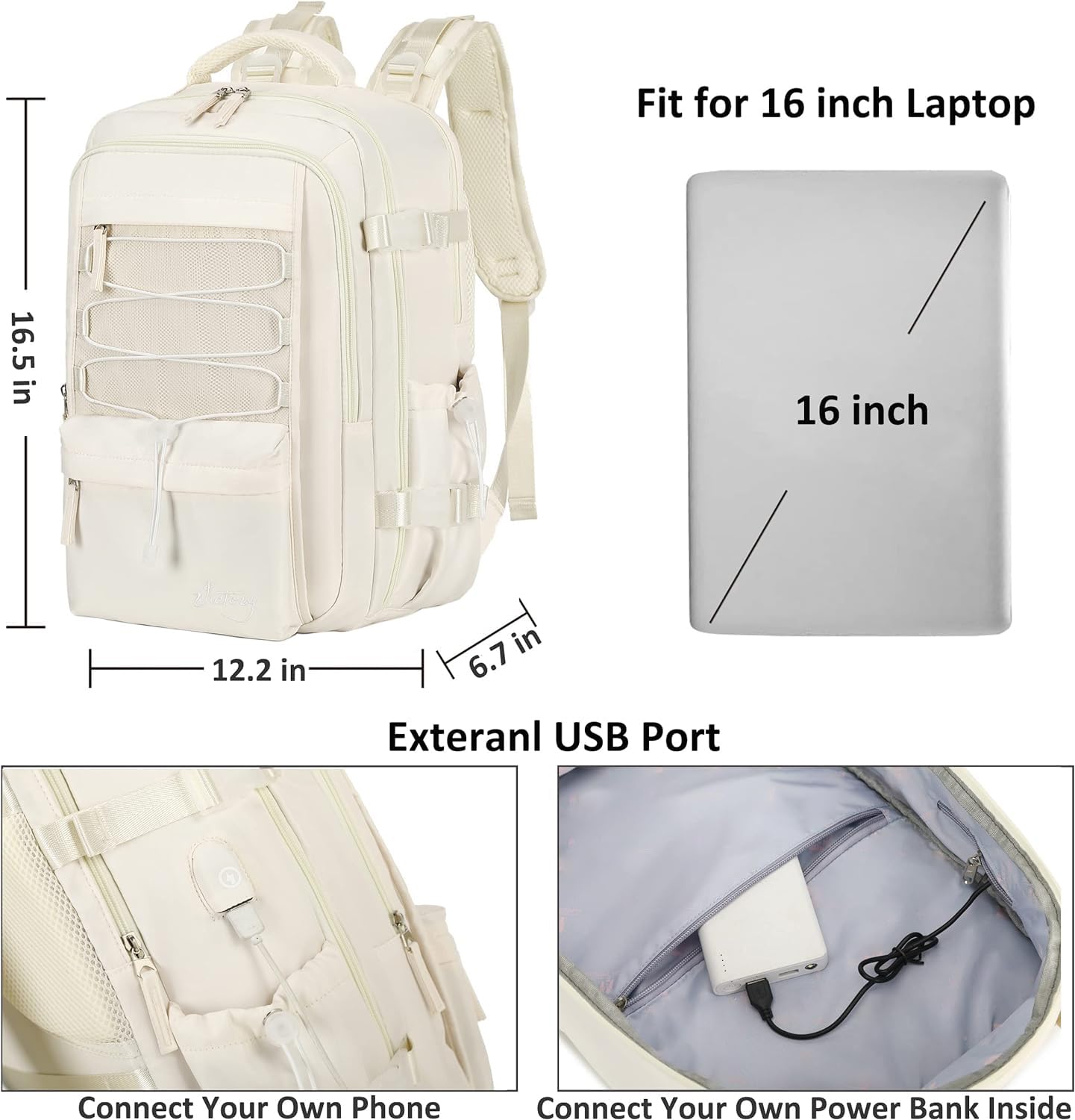 Travel Backpack for Women Men 15.6 Inch Laptop Backpacks with USB Port Carry on Backpack Flight Approved Large Back Packs College Bookbags Outdoor Sports Hiking Rucksack Casual Daypack (White)