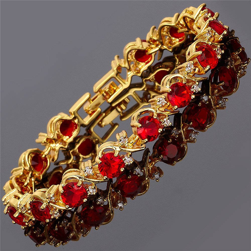 RIVA Blume Tennis Armband [18cm/7inch] mit Rundschliff Edelstein Zirkonia CZ [Rot Rubin] in 18K Gelbgold Vergoldet, Einfache Moderne Eleganz