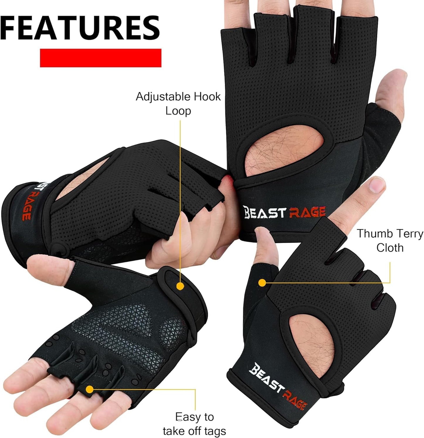 BEAST RAGE Fitness-Handschuhe, atmungsaktiv, für Männer und Frauen, Gewichtheben, Bodybuilding, Fitnessstudio, Training, rutschfest, Crossfit, Krafttraining, Radfahren (SCHWARZ, M)