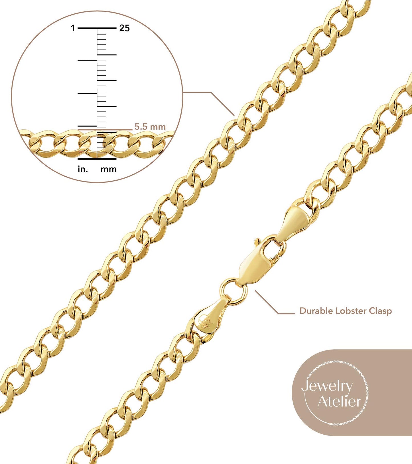 Jewelry Atelier Gold Chain Necklace Collection - 14K Solid Yellow Gold Filled Miami Cuban Curb Link Chain Necklaces for Women and Men with Different Sizes (2.7mm, 3.6mm, 4.5mm, or 5.5mm)