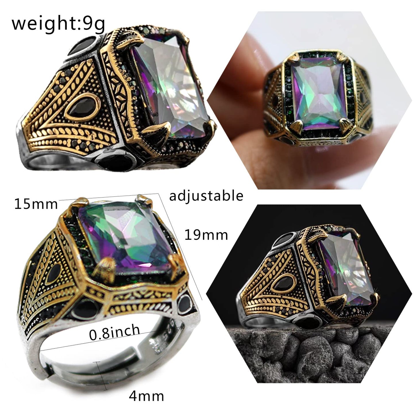 FUAHXYES Adjustable Vintage Rectangle Colours Gemstone Cocktail Rings Luxury Crystal Zircon Personalized Statement Party Ring for Men Fashion Jewelry Gifts Gold Silver Two Tone