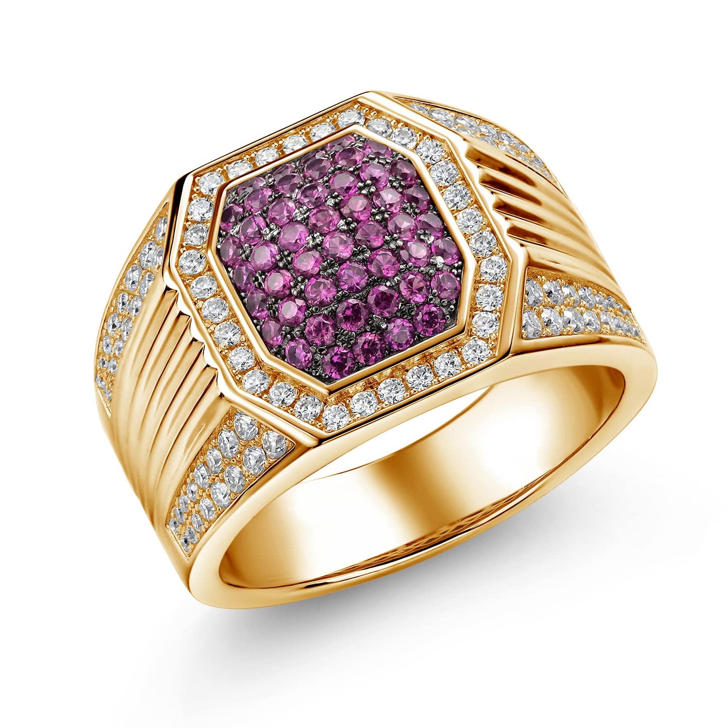 Gem Stone King Men's 18K Yellow Gold Plated Silver Red Created Ruby and White Moissanite Ring (1.68 Cttw, Available In Size 9, 10, 11, 12, 13)