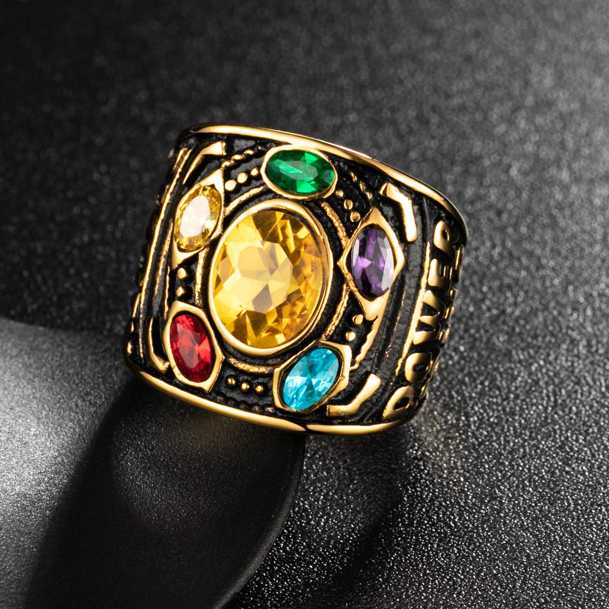 Valily Gold Thanos Rings for Men Gold Plated Stainless Steel Infinite Power Ring Gauntlet Crystal Ring Infinity War Men Keyring Size 9