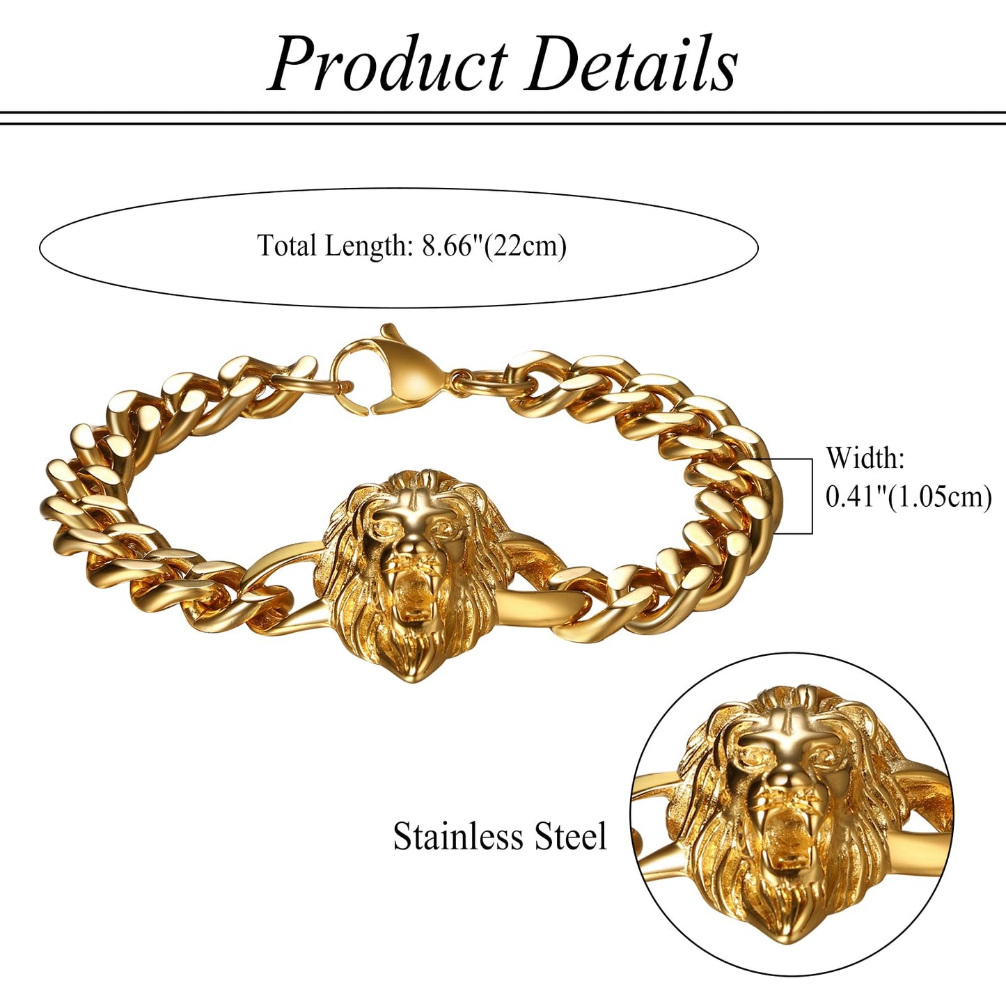 Flongo Herren Löwe Armband Edelstahl: Gold Wikinger Schmuck Charms Cuban Kette mit Löwenkopf Lion Head Löwen Armkette Retro Biker Geschenk für Männer Damen breit Weihnachten Geburtstag Jahrestag