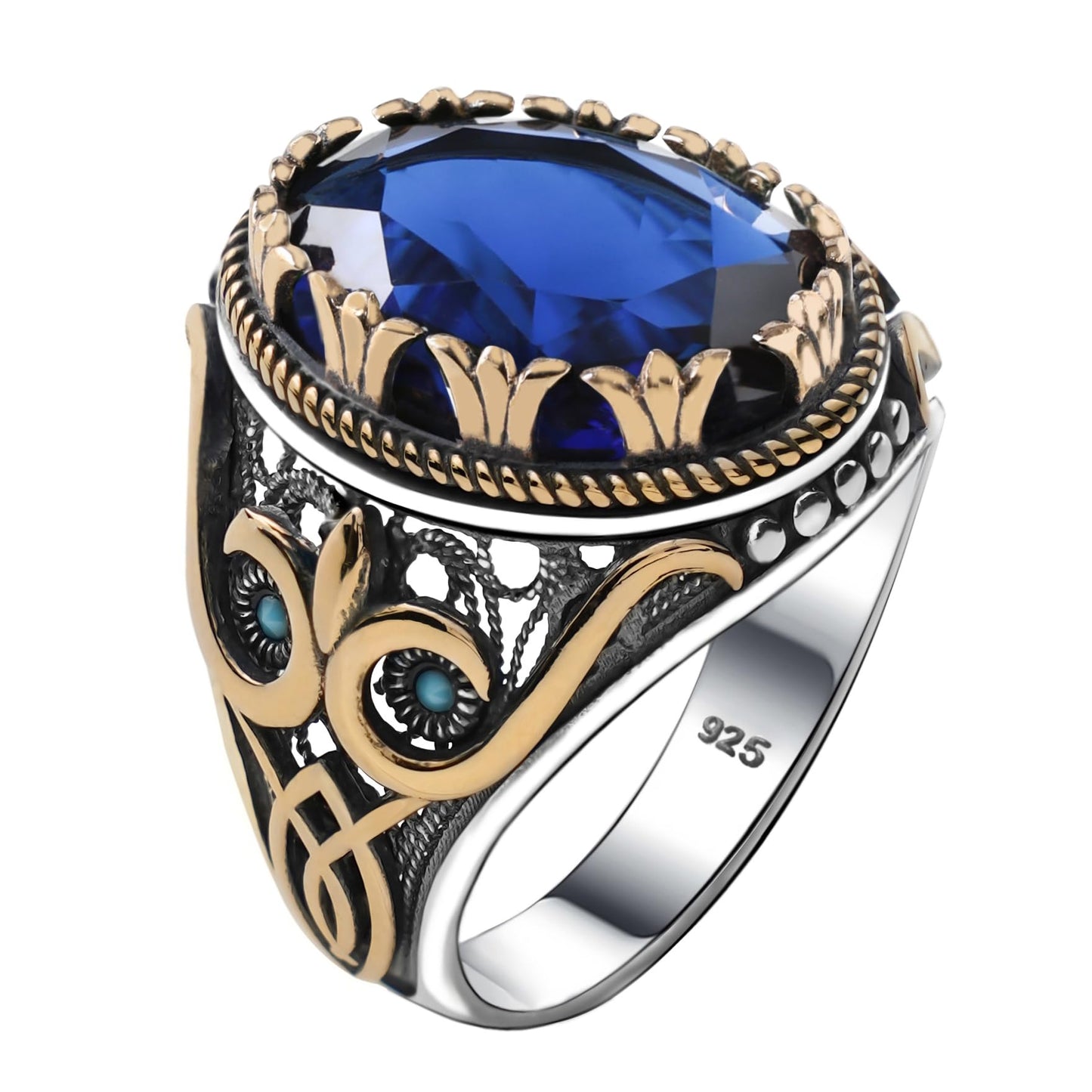 Genuine Solid 925 Sterling Silver Ring for Men Accented with bronze, Faceted Simulated Blue Sapphire Stone, Authentic Vintage Turkish Ottoman Style (Sapphire, 11)