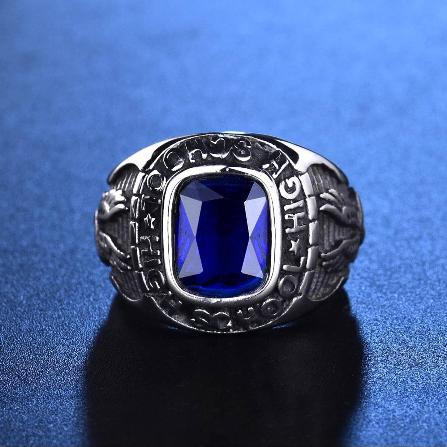 MASOP Stainless Steel High School Rings for Men Sappire Color Royal Blue Crystal Jewelry Rings Size 8