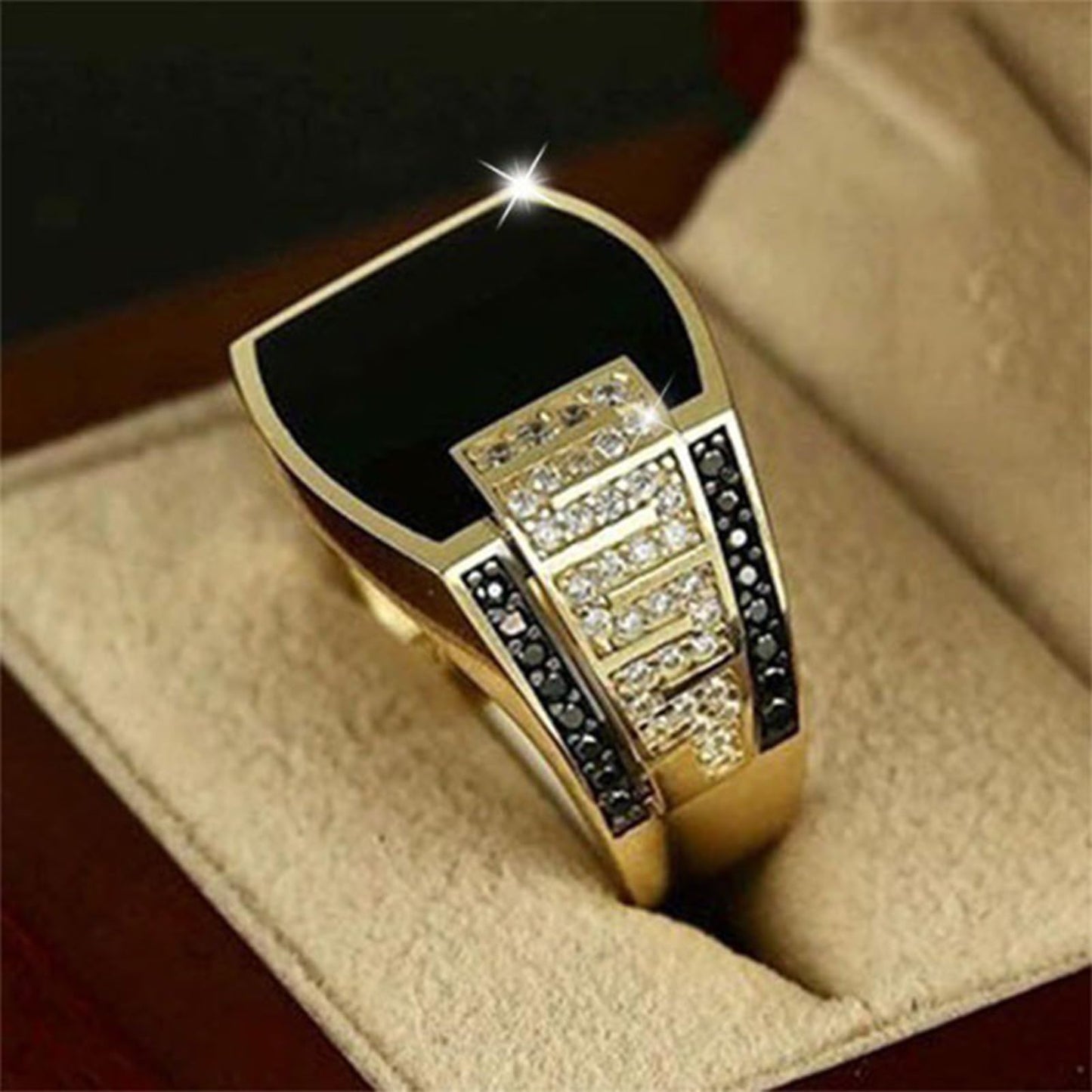 Hip Hop Ring for Men Fashion Cuban Link Chain Ring Retro 18K Gold Plated with Black Agate Classic Color-Preserving Luxury Fashion Diamond Ring gentleman sise 6-13 (11)