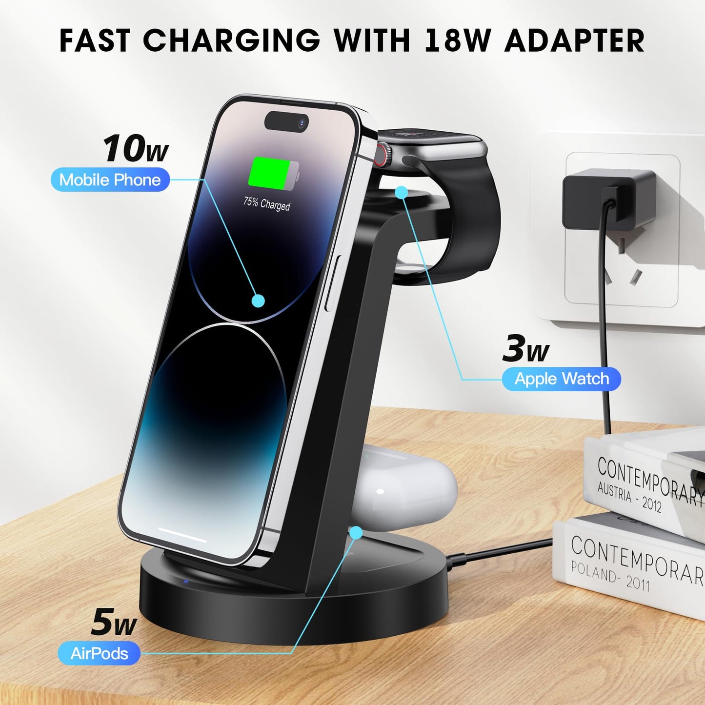 3 in 1 Charging Station for iPhone, Wireless Charger for iPhone 15 14 13 12 11 X Pro Max & Apple Watch - Wireless Charging Station for AirPods 3 Pro