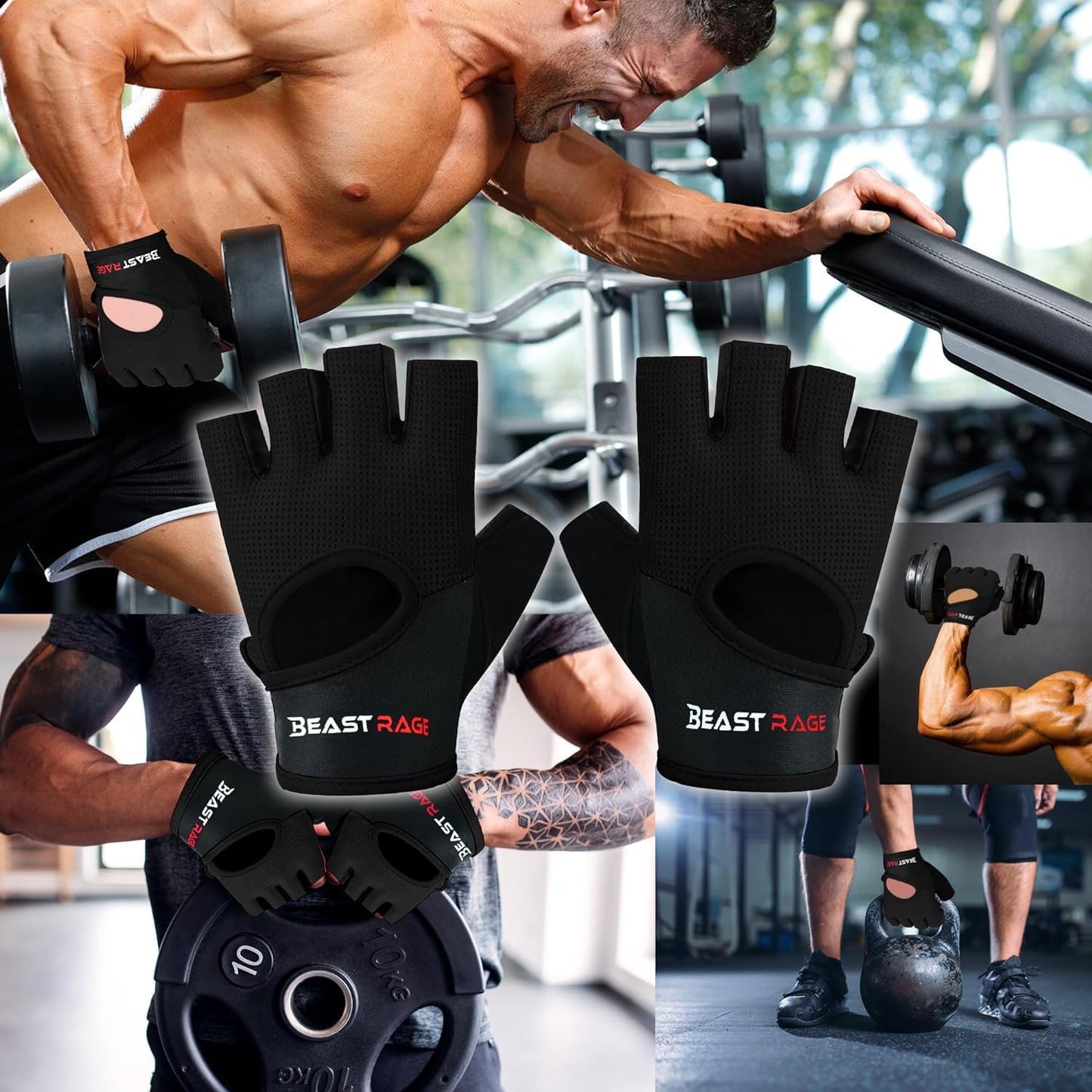 BEAST RAGE Fitness-Handschuhe, atmungsaktiv, für Männer und Frauen, Gewichtheben, Bodybuilding, Fitnessstudio, Training, rutschfest, Crossfit, Krafttraining, Radfahren (SCHWARZ, M)