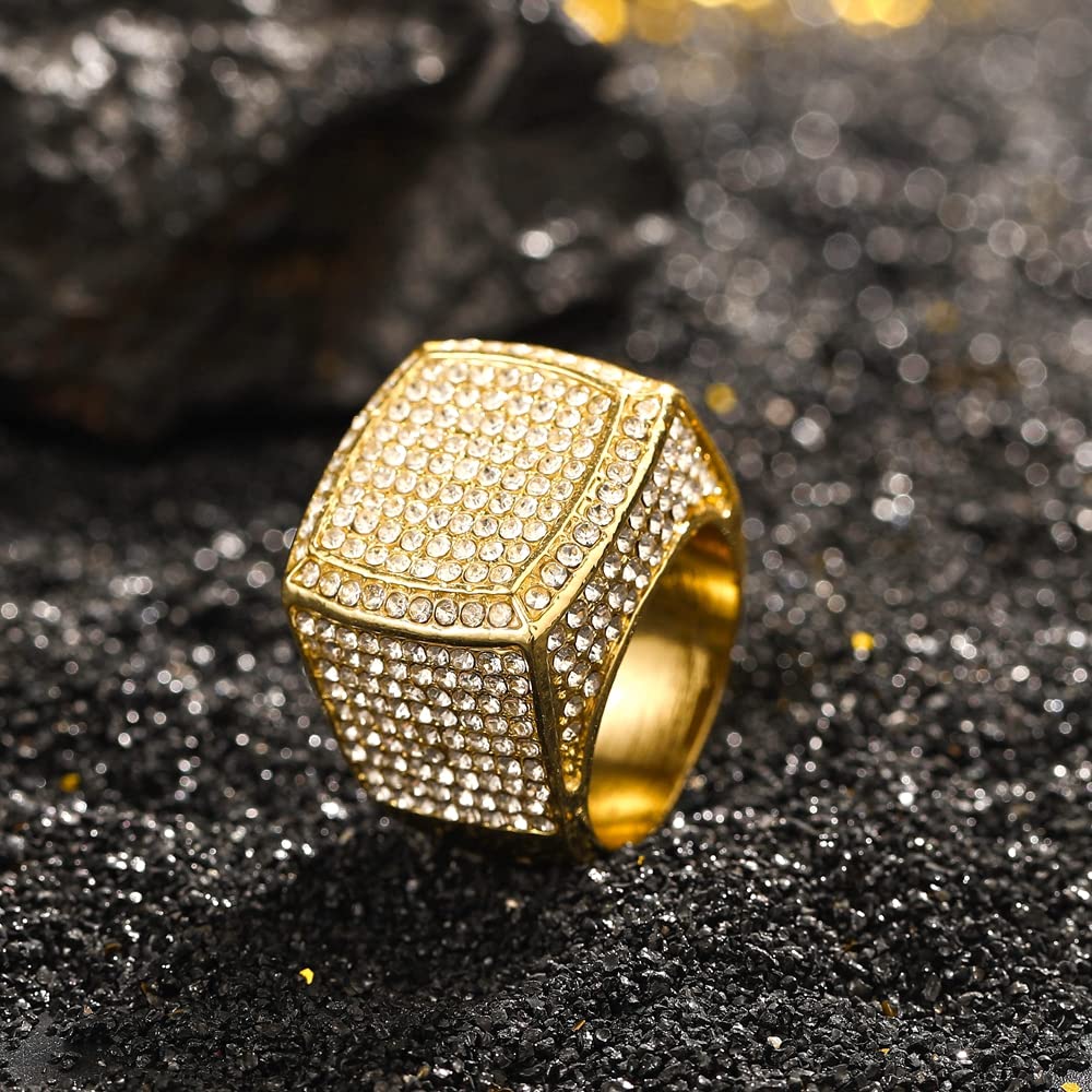 HH BLING EMPIRE Iced Out Silver Gold Rings for Men, Bling Hip Hop Diamond Men Rings, Big Square Men Rings Gold Size #9