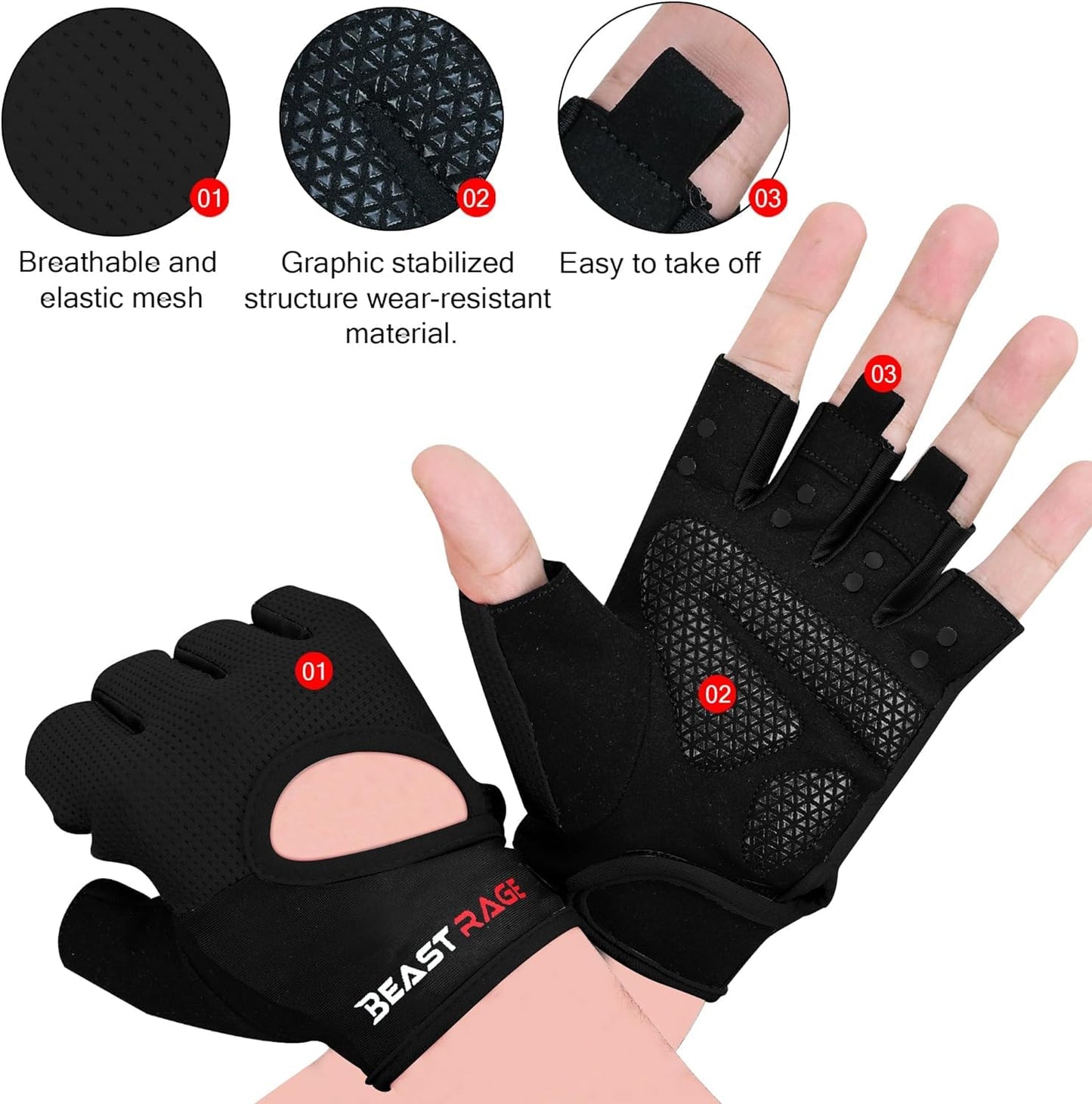 BEAST RAGE Fitness-Handschuhe, atmungsaktiv, für Männer und Frauen, Gewichtheben, Bodybuilding, Fitnessstudio, Training, rutschfest, Crossfit, Krafttraining, Radfahren (SCHWARZ, M)