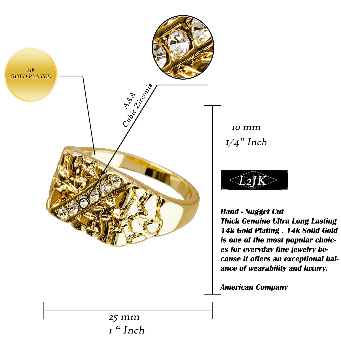 Block Nugget Ring 14k Gold Plated Yellow Pinky Pimp Iced Finger Hip Hop Style For Man or Women Fashion - Size 7-12 (8)