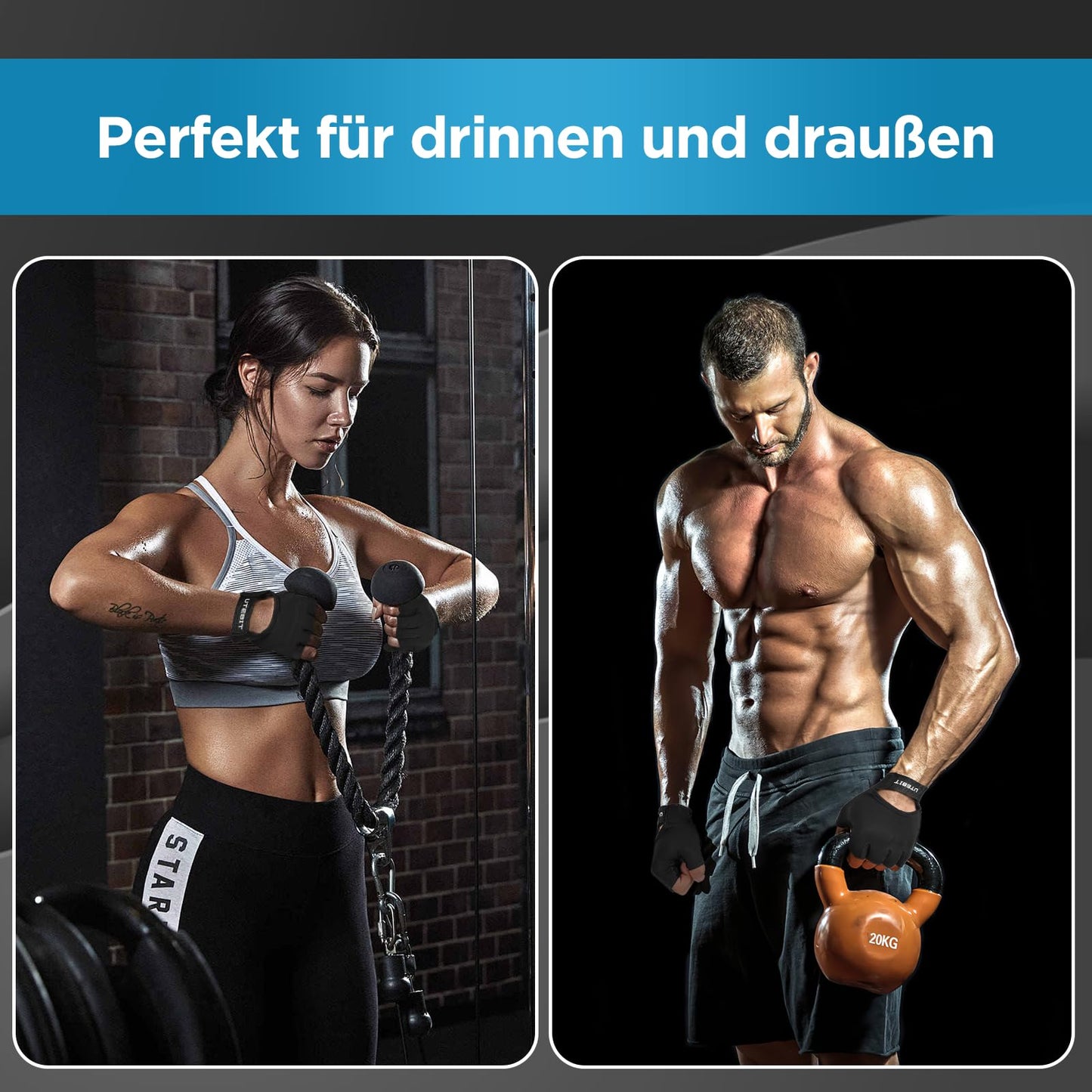 UTEBIT 2 Paar Fitness-Handschuhe, Trainingshandschuhe für Herren, atmungsaktive Halbfinger-Sporthandschuhe, Handflächenschutz Silikon rutschfeste Gym-Handschuhe für Kraftsport, Radfahren, Crossfit