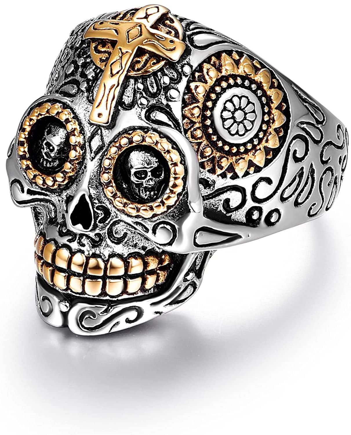 LAOYOU Sugar Skull Ring, Mens Stainless Steel Bikers Gothic Rings for Men, Promise Wedding Engagement Anniversary Couples Birthday Christmas Giving Gifts for Son Husband Halloween Present Size 14