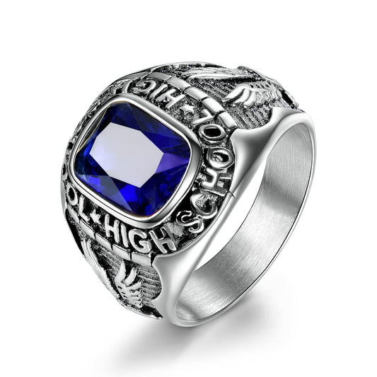 MASOP Stainless Steel High School Rings for Men Sappire Color Royal Blue Crystal Jewelry Rings Size 8