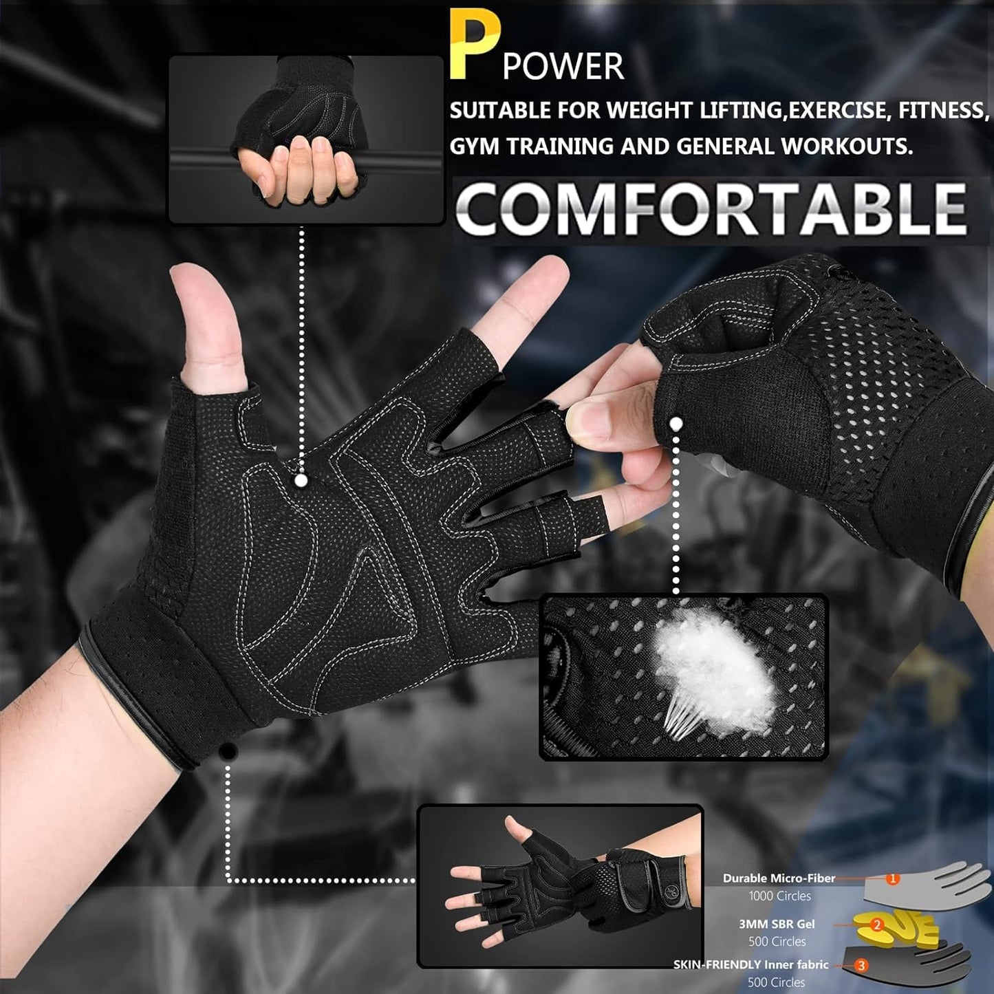 MOREOK Gewichtheber Handschuhe Fingerlose Workout Handschuhe -[3MM Gel] Fitness Handschuhe,Atmungsaktiv Trainingshandschuhe Herren Damen für Krafttraining,Heben, Training, Rudern, Klimmzüge-Schwarz-L