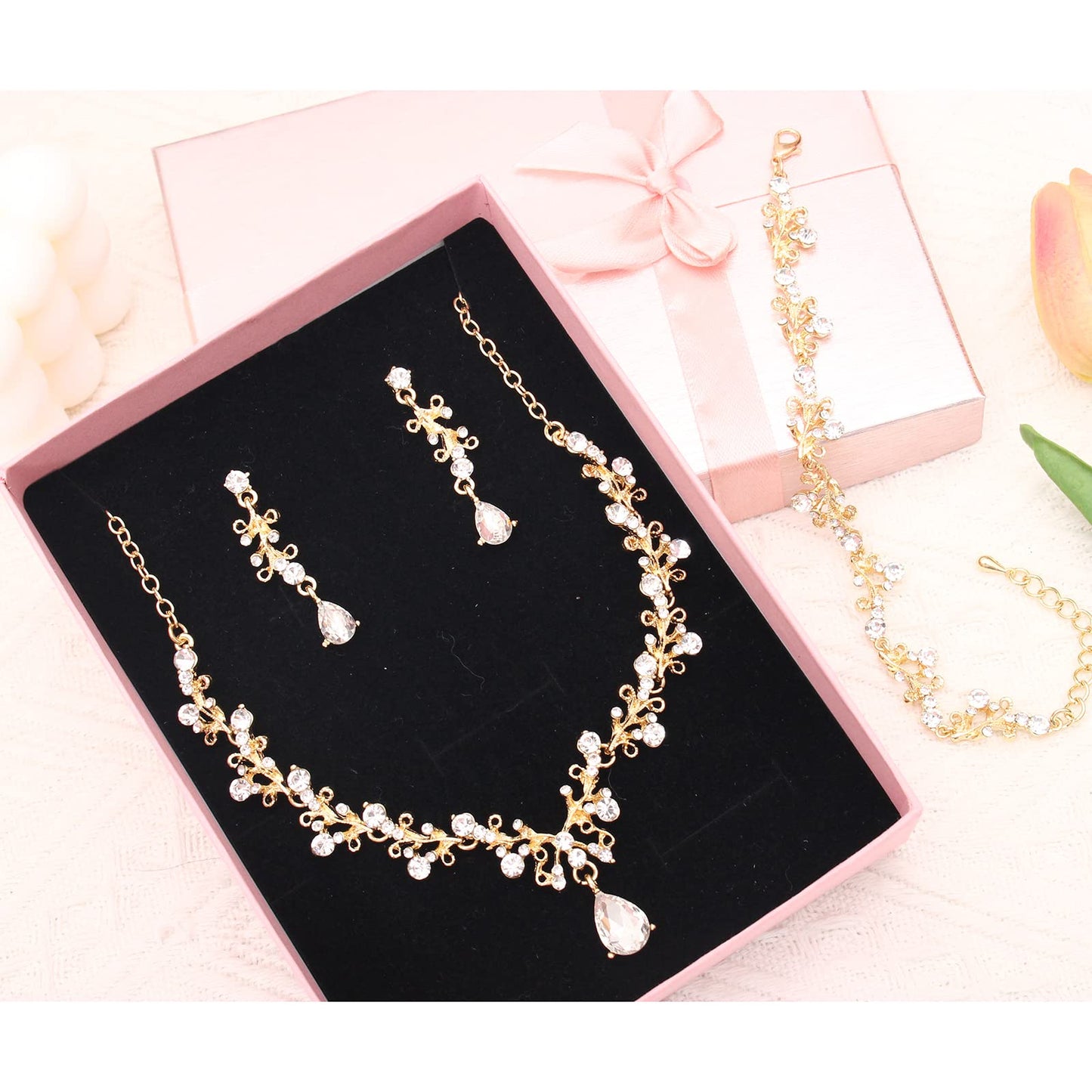 SFE 3Pcs Austrian Crystal Jewelry Set for Women, Necklace Dangle Earrings Link Bracelet with Gold/Platinum/Gun Plated, Wedding Party Bridal Bridesmaid (White-Gold Plated)