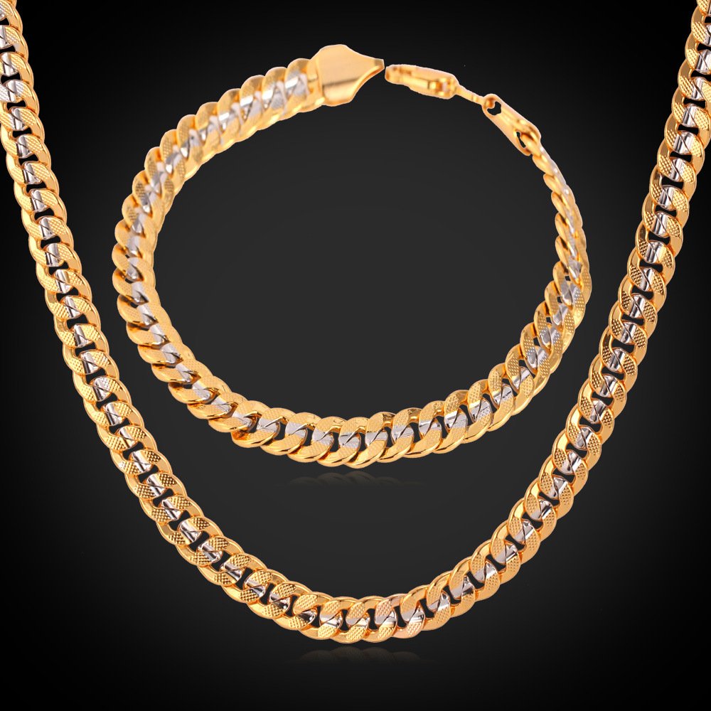 U7 Men Two-Tone Gold Chain Platinum & 18K Gold Plated Cuban Curb Chain Necklace Bracelet Set (18"/8.3")