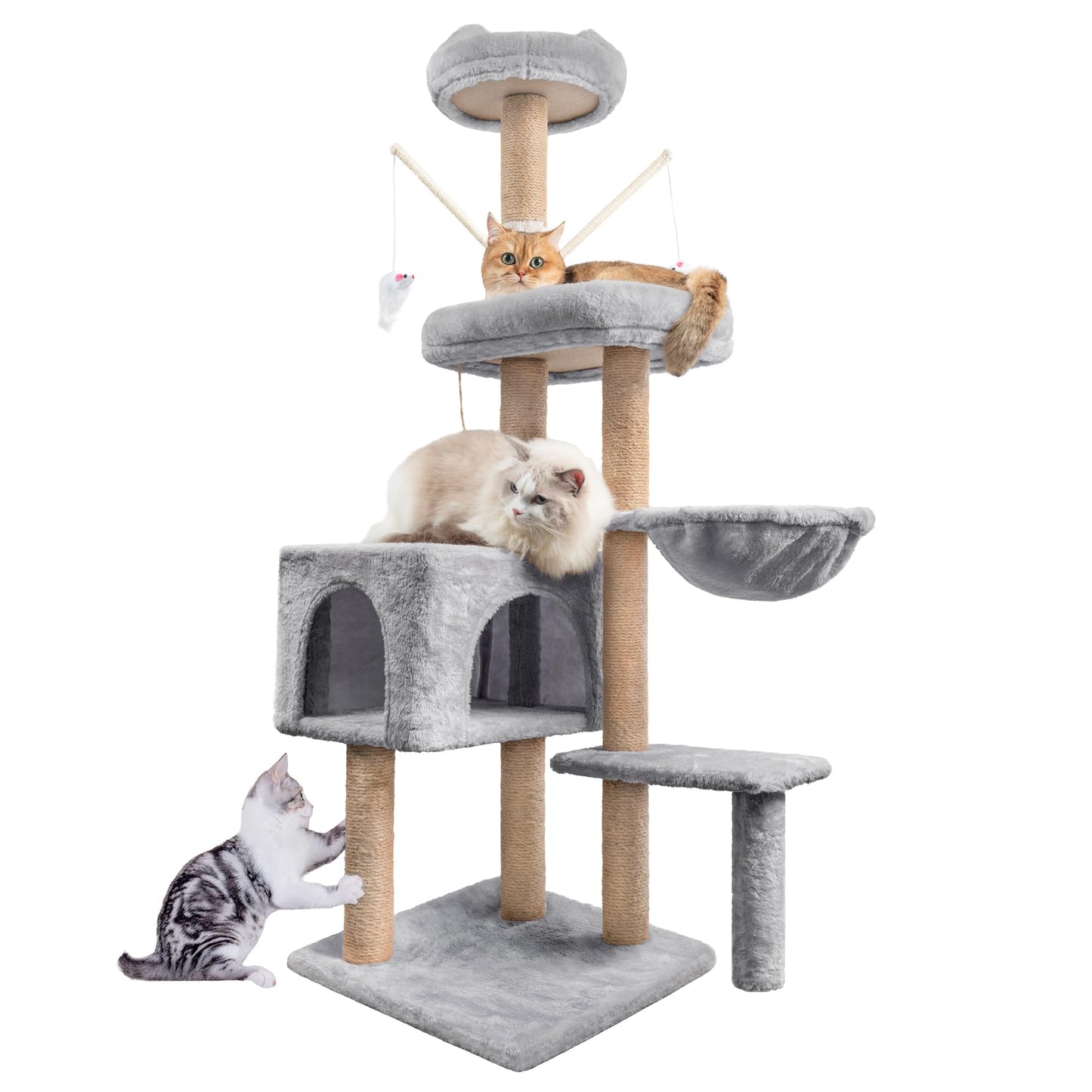 HOMIDEC Katzen Kratzbaum, 145 cm Katzenbaum Kletterturm, Kletterbaum Aktivitätskratzbäum mit Säulen vollständig mit Sisal umwickelt, Katzenspielzeug, Höhle, Plattformen, Liegemulde, Hellgrau