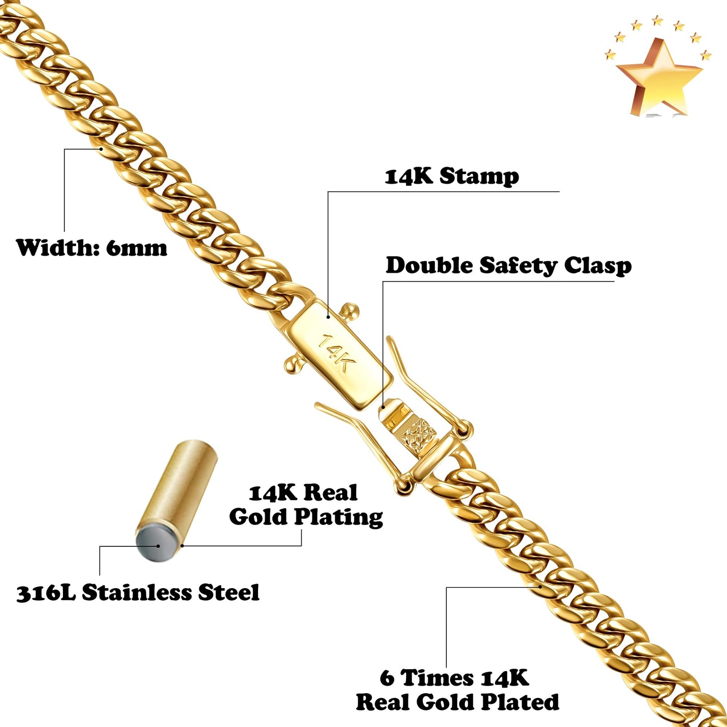 CG&KYGG 6mm Miami Cuban Link Chain 14K Real Gold Plated 316L Stainless Steel Solid Bracelet for Mens Womens(Double Safety Clasp, Christmas or Birthday Gift)(6mm,8.0inch)