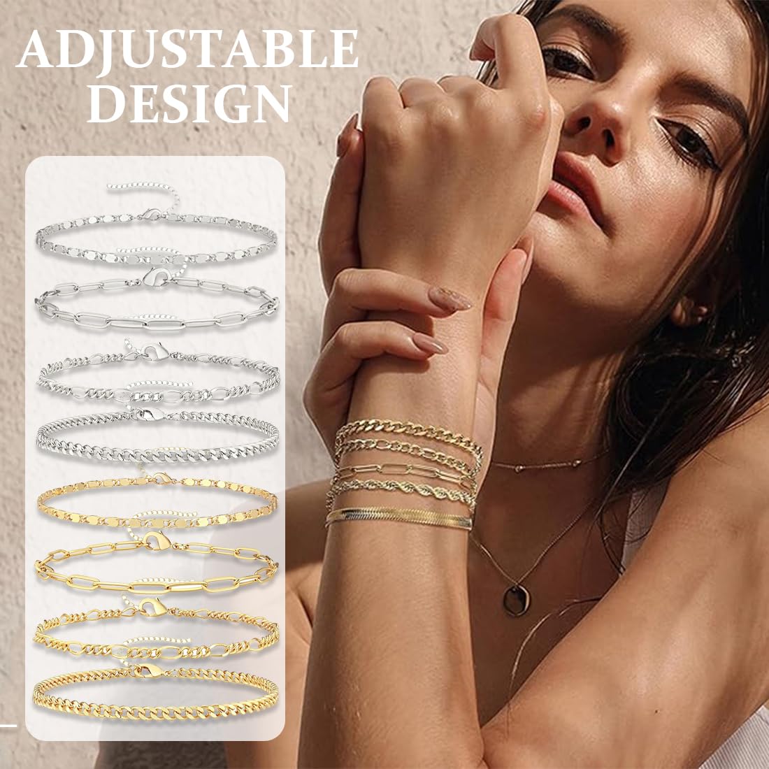 QOWUXHZ 10 Stück Armband Edelstahl Damen Armband Damen Gold Silber Verstellbares Armband Set Verstellbar 16+5 Cm Liebe Geschenk Für Frauen Mädchen