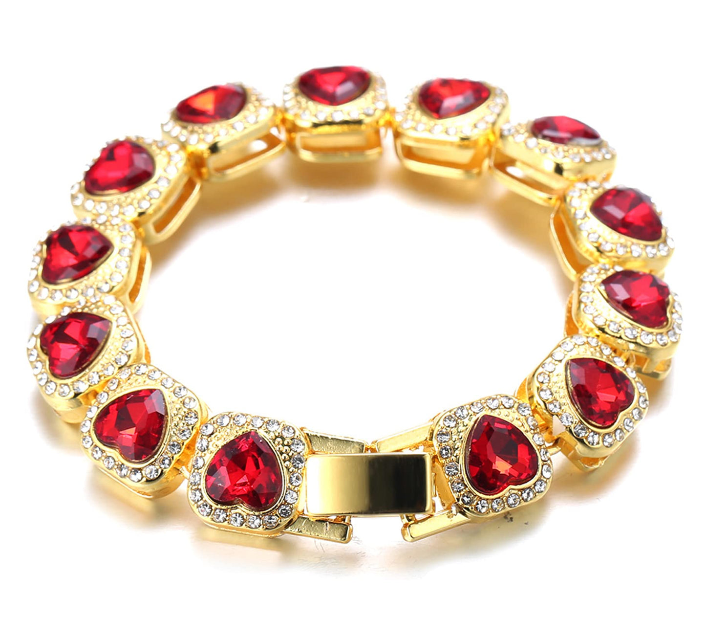 Halukakah Diamant Kubanische Kette für Männer,13MM 18k Echtgold Plattiert Liebendes Herz Rubin Diamant Armband 18cm,Zinken-Set Labordiamanten,mit Gratis Geschenkbox