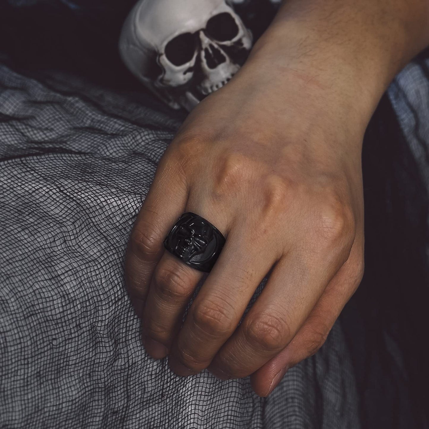 Bandmax Black Skull Ring for Men Size 12 Stainless Steel Chunky Biker Skull Rings Flame Skull Rings Blazing Skull Rider Ring Punk Jewelry