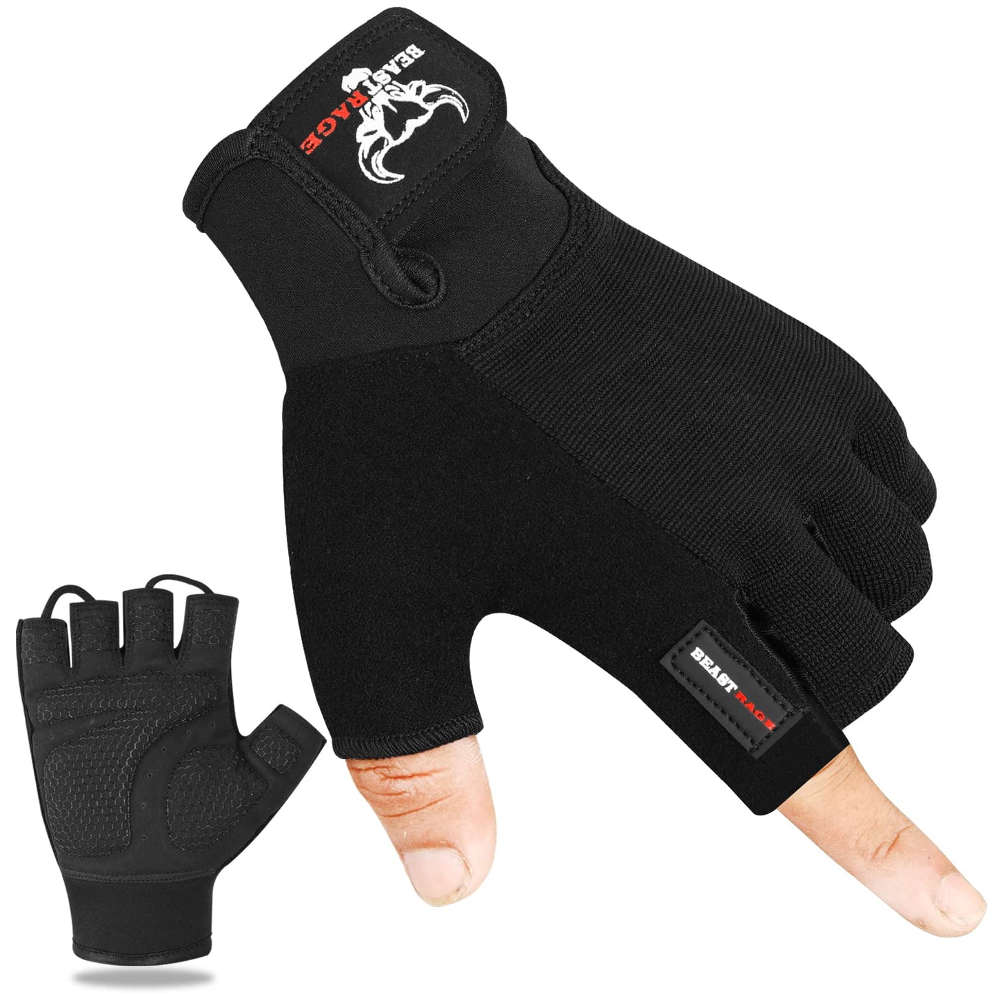 BEAST RAGE Fitness-Handschuhe für Training, rutschfeste,gepolsterte Handfläche,Halbfinger-Workout,Gewichtheben-Handschuhe, Radfahren, Crossfit,Krafttraining (Schwarz, L)