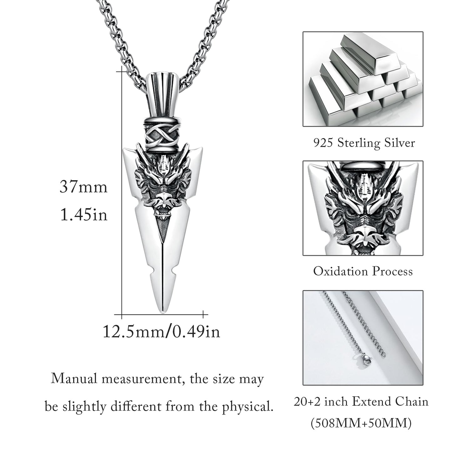 MEDWISE Drachen Halskette 925 Sterling Silber Kette Drachen Herren Pfeilspitze Kette Keltisches Anhänger Amulett Schmuck für Herren Männer Jungen Damen Geschenke 20+2'' Edelstahlkette