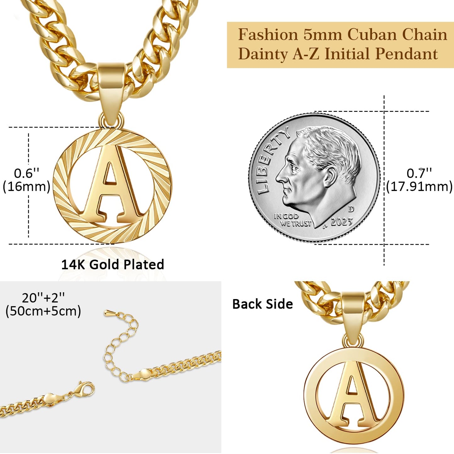 KissYan Gold Initial Necklace,14K Gold Plated Round Letter Pendant Hollow Capital Monogram 5mm Cuban Chain Necklace Alhpabets from A-Z Dainty Jewelry for Women Men(Gold M)