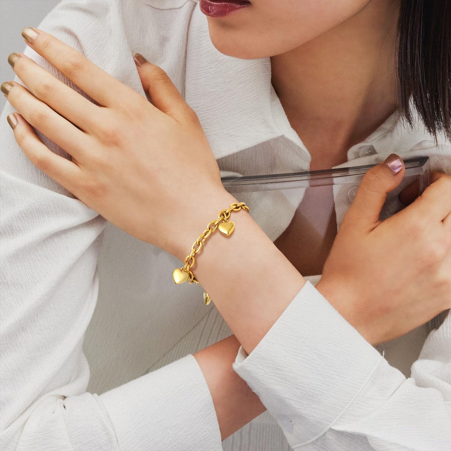 Gold Herz Armband Damen Edelstahl - Gold Armbänder Freundschaftsarmband Armkette mit Herz Anhängern für Sie,Valentinstag Geburtstag Weihnachten Geschenke Schmuck für Frauen Mädchen Freundin 19cm