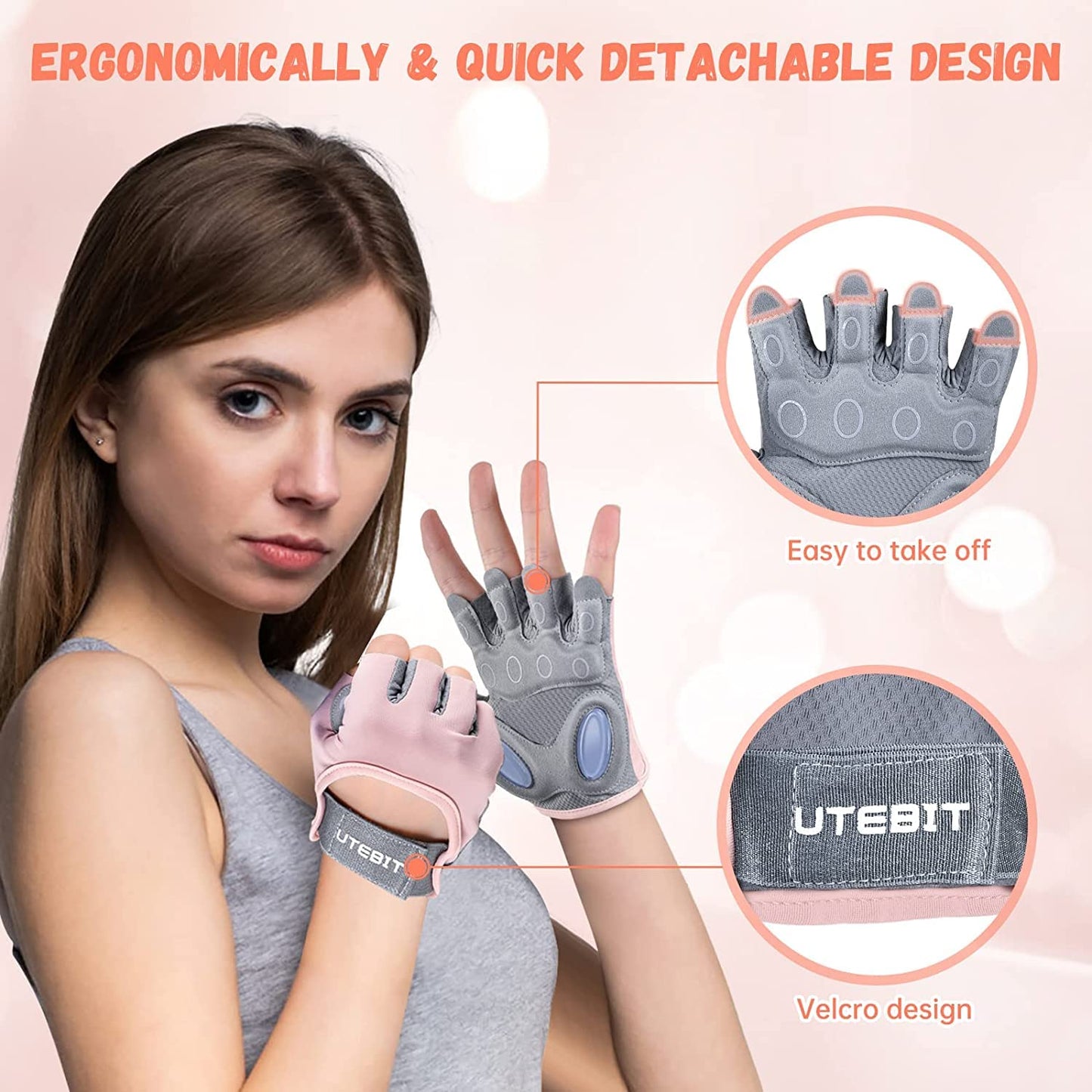 UTEBIT Fitness Handschuhe, Atmungsaktive Trainingshandschuhe mit Mikrofasergewebe, Rutschfester Silikon Gym Gloves, Sporthandschuhe für Damen für Crossfit, Bodybuilding, Radsport, Gym, Krafttraining