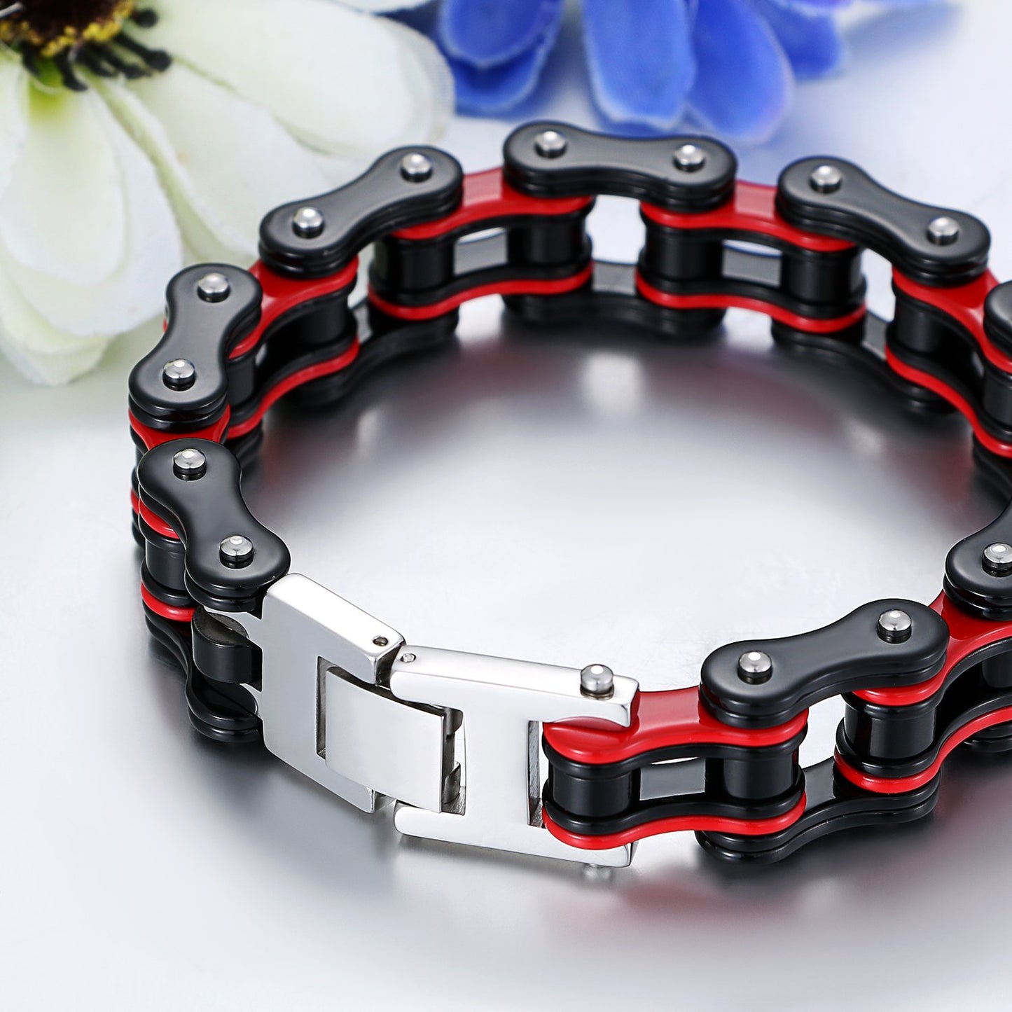 JewelryWe Schmuck Herren Biker Kette Armband, Groß Schwer Zwei Töne Hochglanz Poliert Fahrradkette Motorradkette Armkette Armreif aus Edelstahl, Rot Schwarz