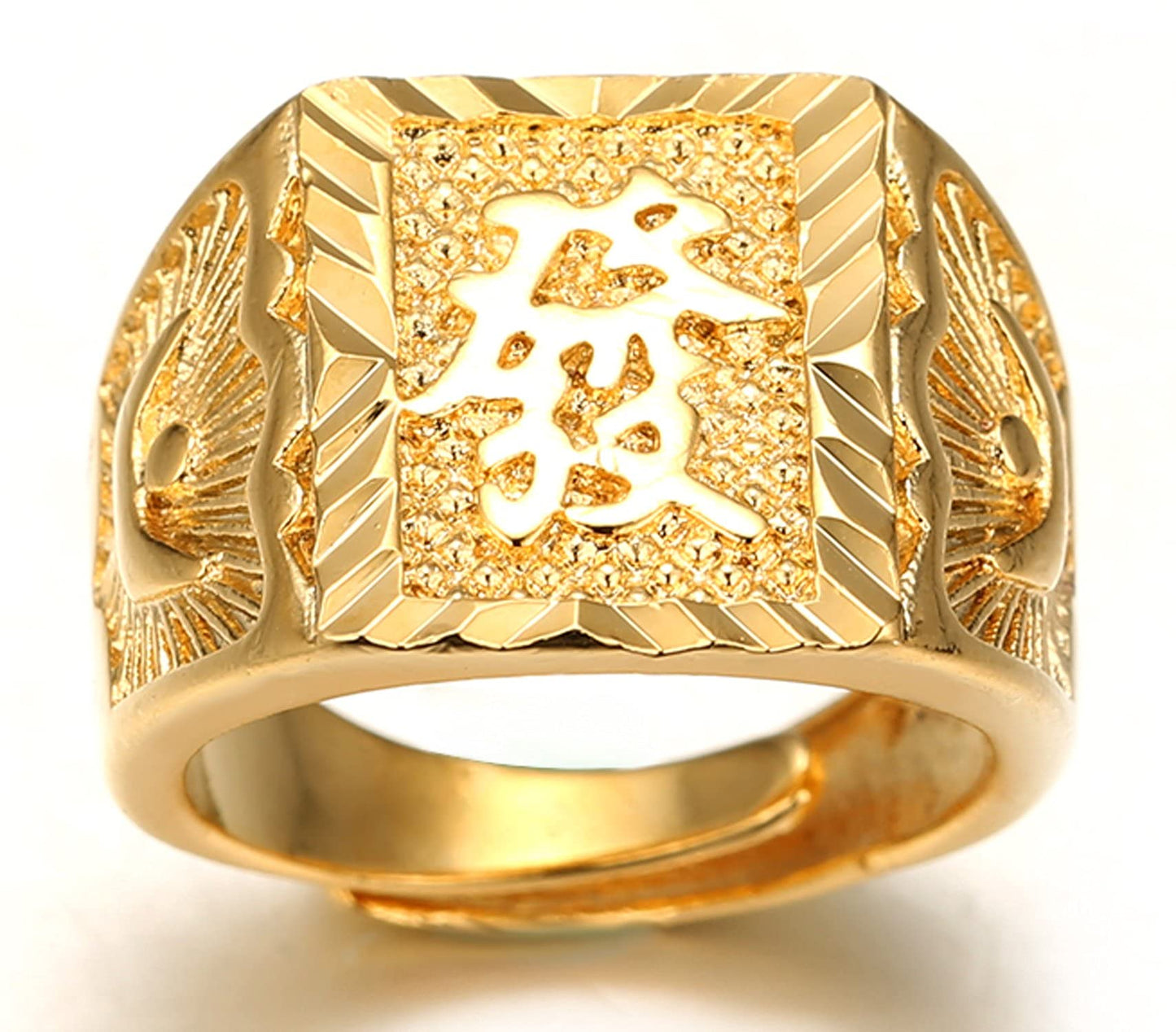 Halukakah Mens Gold Ring 3PCs Set,18K Real Gold Filled Kanji Rich/Luck/Wealth Size Adjustable,Gift for Men