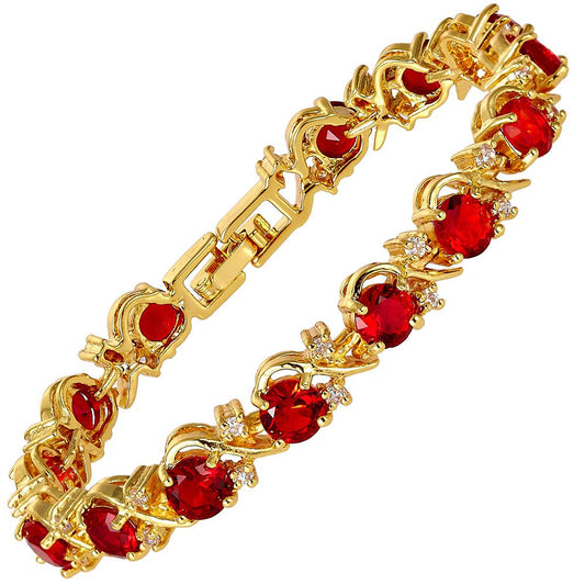 RIVA Blume Tennis Armband [18cm/7inch] mit Rundschliff Edelstein Zirkonia CZ [Rot Rubin] in 18K Gelbgold Vergoldet, Einfache Moderne Eleganz