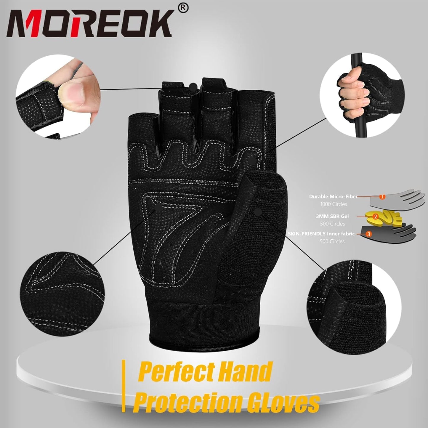 MOREOK Gewichtheber Handschuhe Fingerlose Workout Handschuhe -[3MM Gel] Fitness Handschuhe,Atmungsaktiv Trainingshandschuhe Herren Damen für Krafttraining,Heben, Training, Rudern, Klimmzüge-Schwarz-L